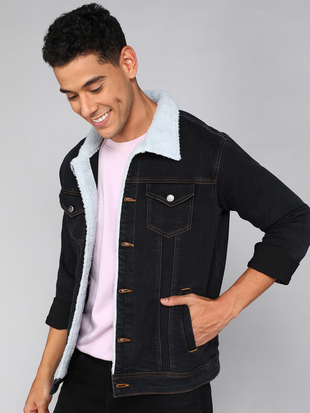 

FTX Spread Collar Denim Jacket With Faux Fur Trim, Black