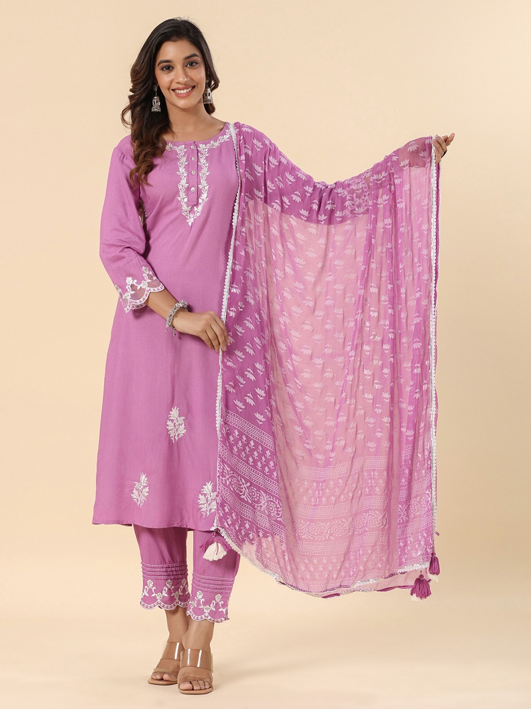 

SAVI Heavy Embroidered A Line Kurta & Trousers set with Dupatta, Lavender
