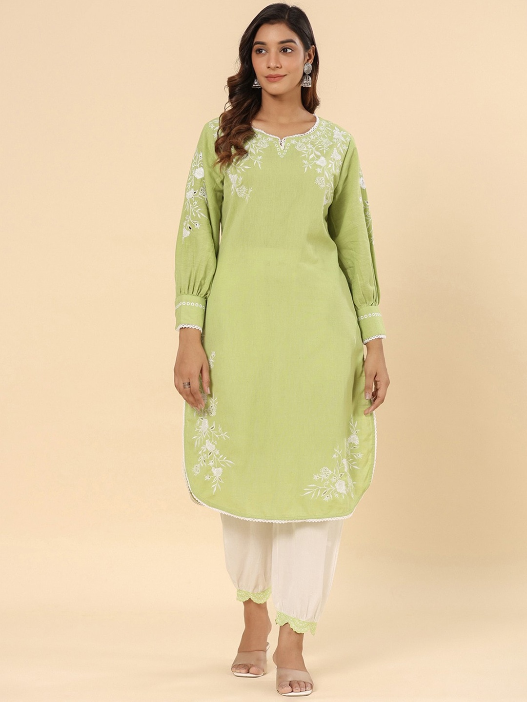 

SAVI Cotton Embroidered Kurta With & Trousers Set, Green