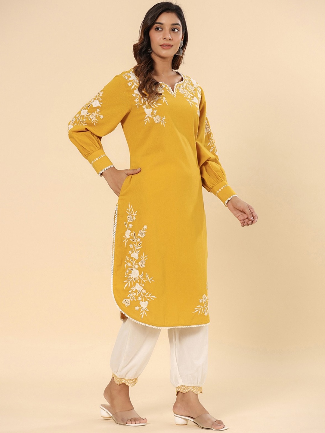 

SAVI Floral Embroidered Yoke Pure Cotton Straight Kurta with Trousers, Mustard
