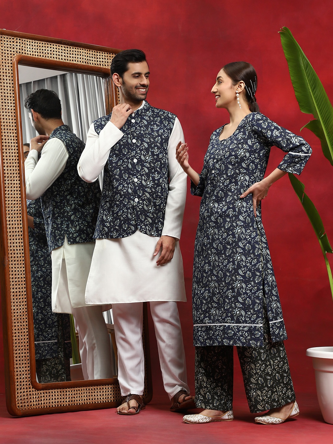 

AKS Printed Pure Cotton Nehru Jacket, Navy blue