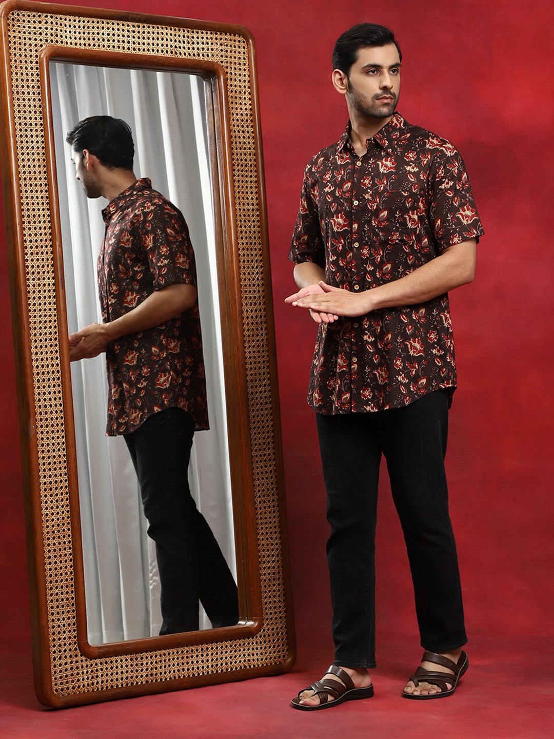 

AKS Floral Printed Spread Collar Cotton Casual Shirt, Brown