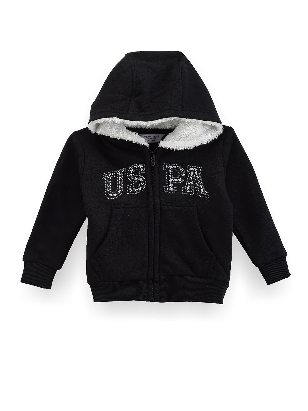 

U.S. Polo Assn. Kids Girls Typography Printed Hooded Embellished Sweatshirt, Black