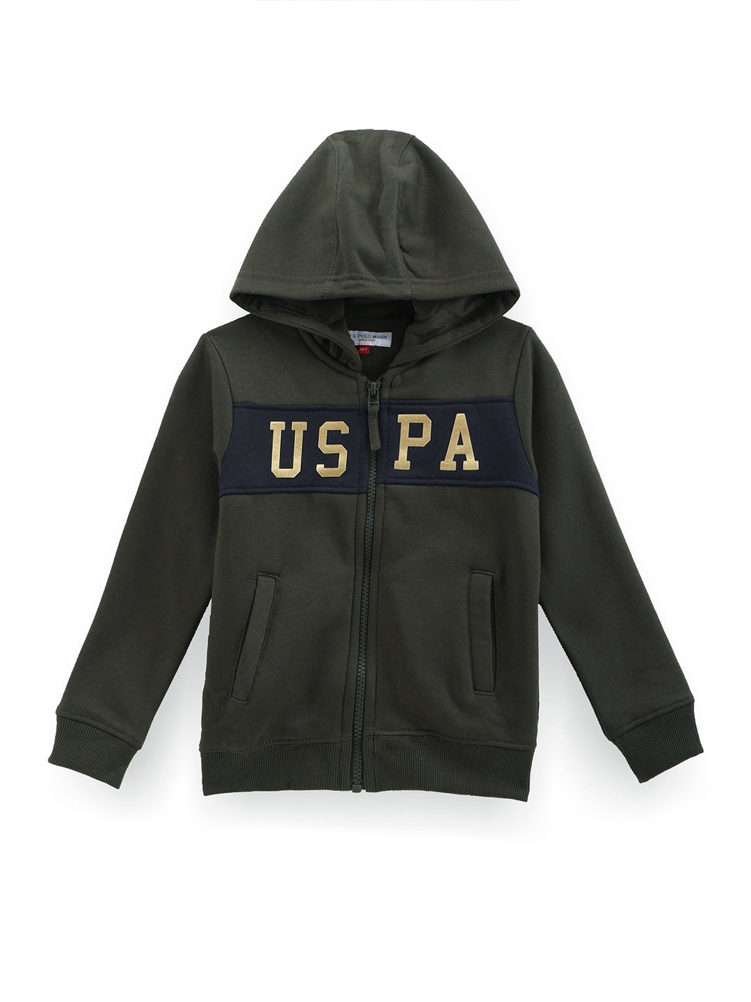 

U.S. Polo Assn. Kids Boys Colourblocked Hooded Front Open Sweatshirt, Olive