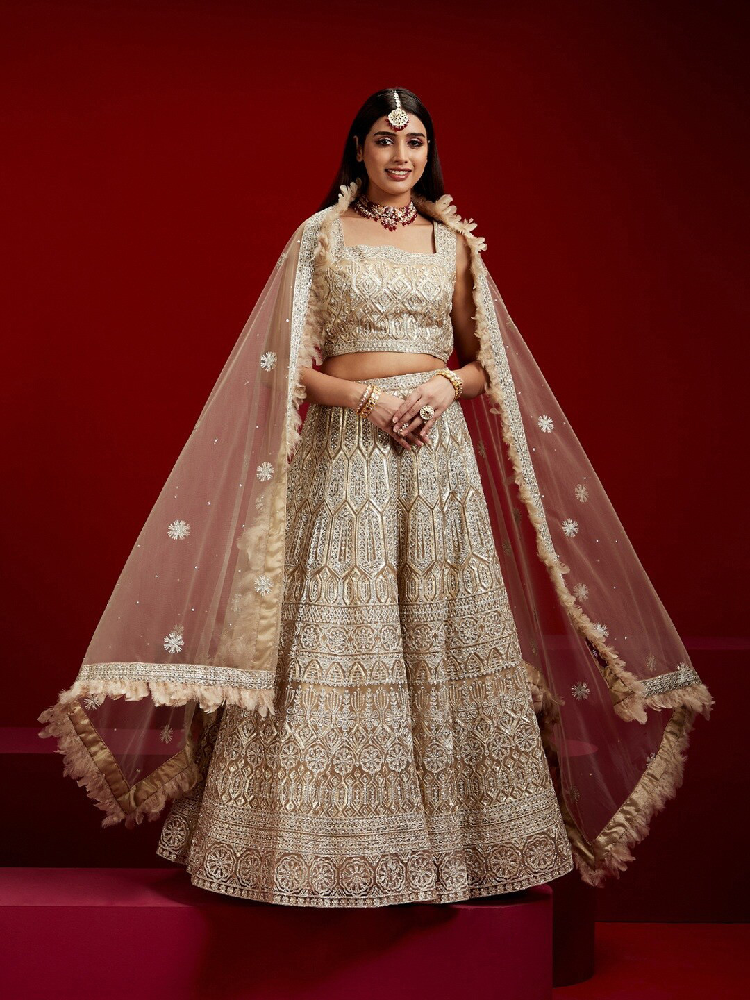 

Libas Art Embroidered Sequinned Lehenga & Blouse With Dupatta & 4 inch inside Margin, Beige
