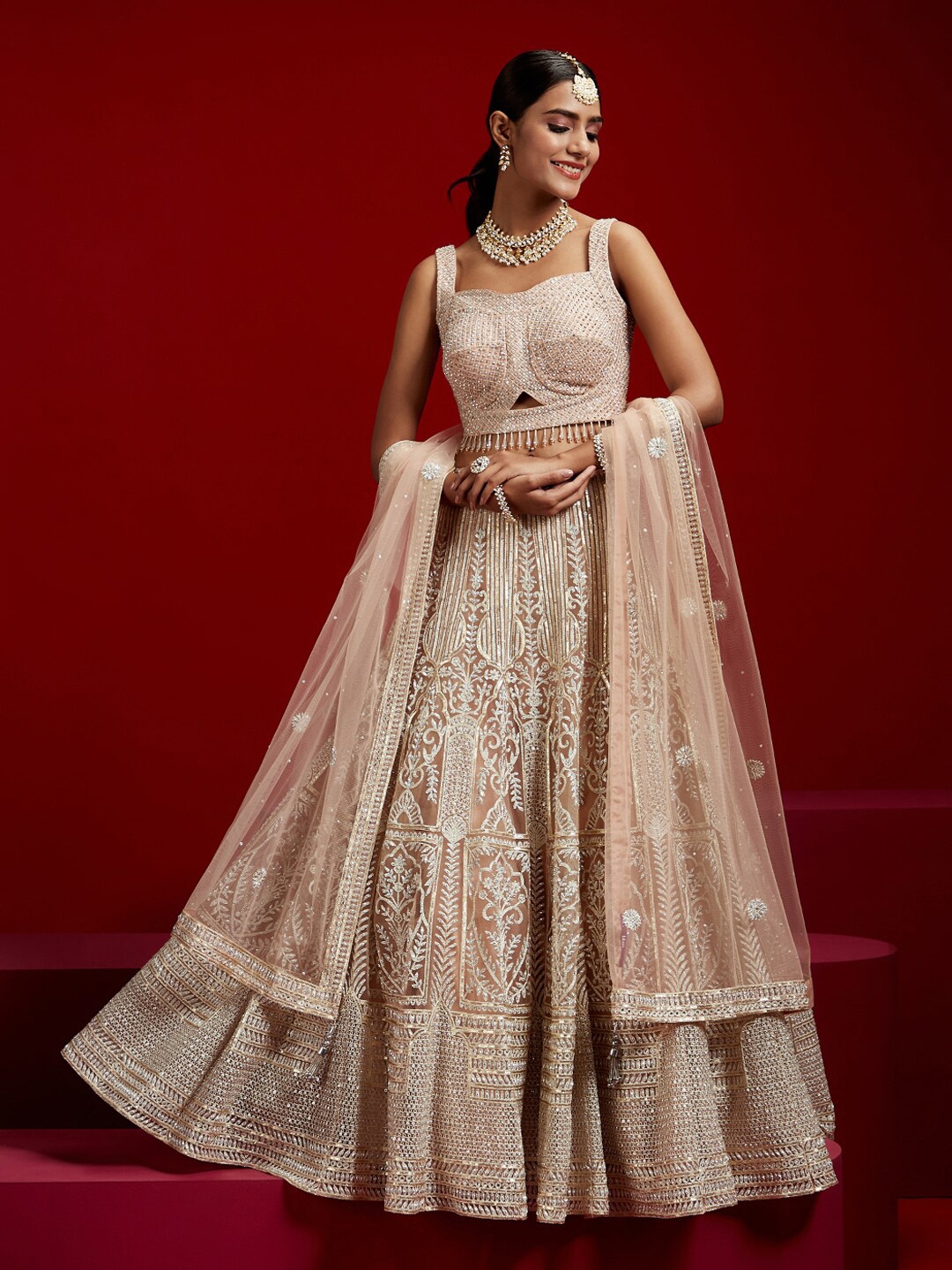 

Libas Art Embellished Thread Work Lehenga & Blouse With Dupatta & 4 inch inside Margin, Peach