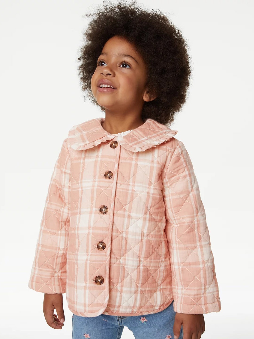 

Marks & Spencer Girls Checked Longline Quilted Jacket, Pink