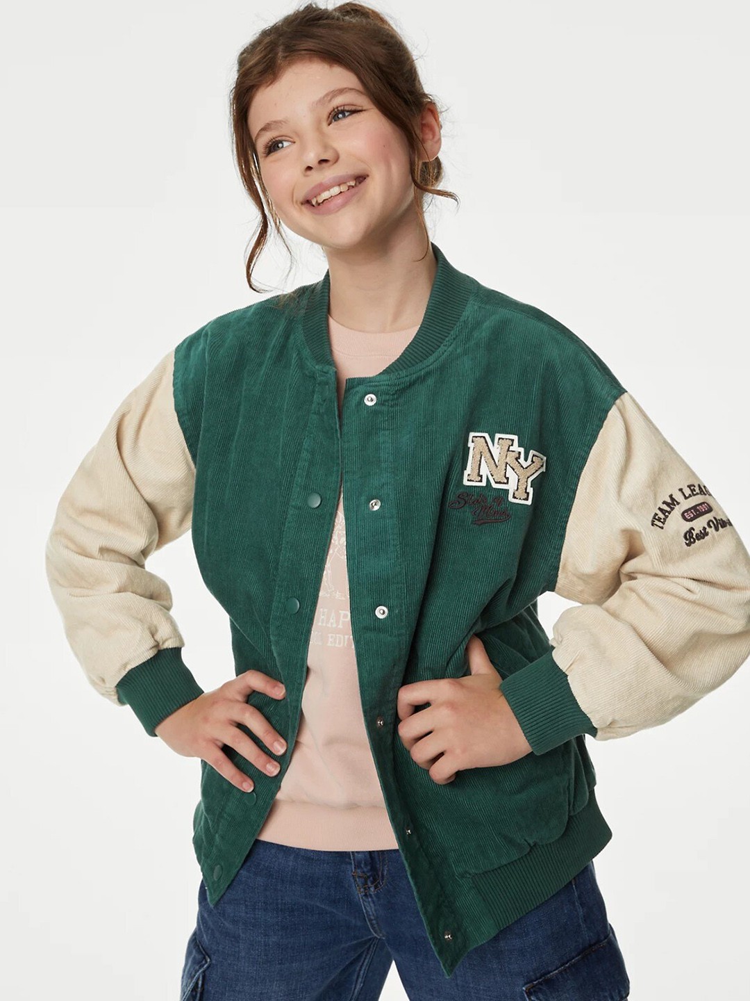 

Marks & Spencer Girls Colourblocked Varsity Jacket, Green