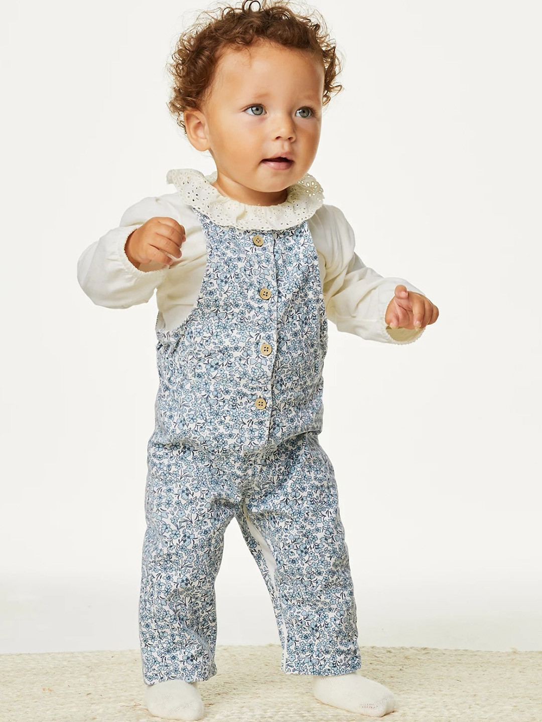 

Marks & Spencer Girls Floral Printed Dungaree With T-Shirt, Blue