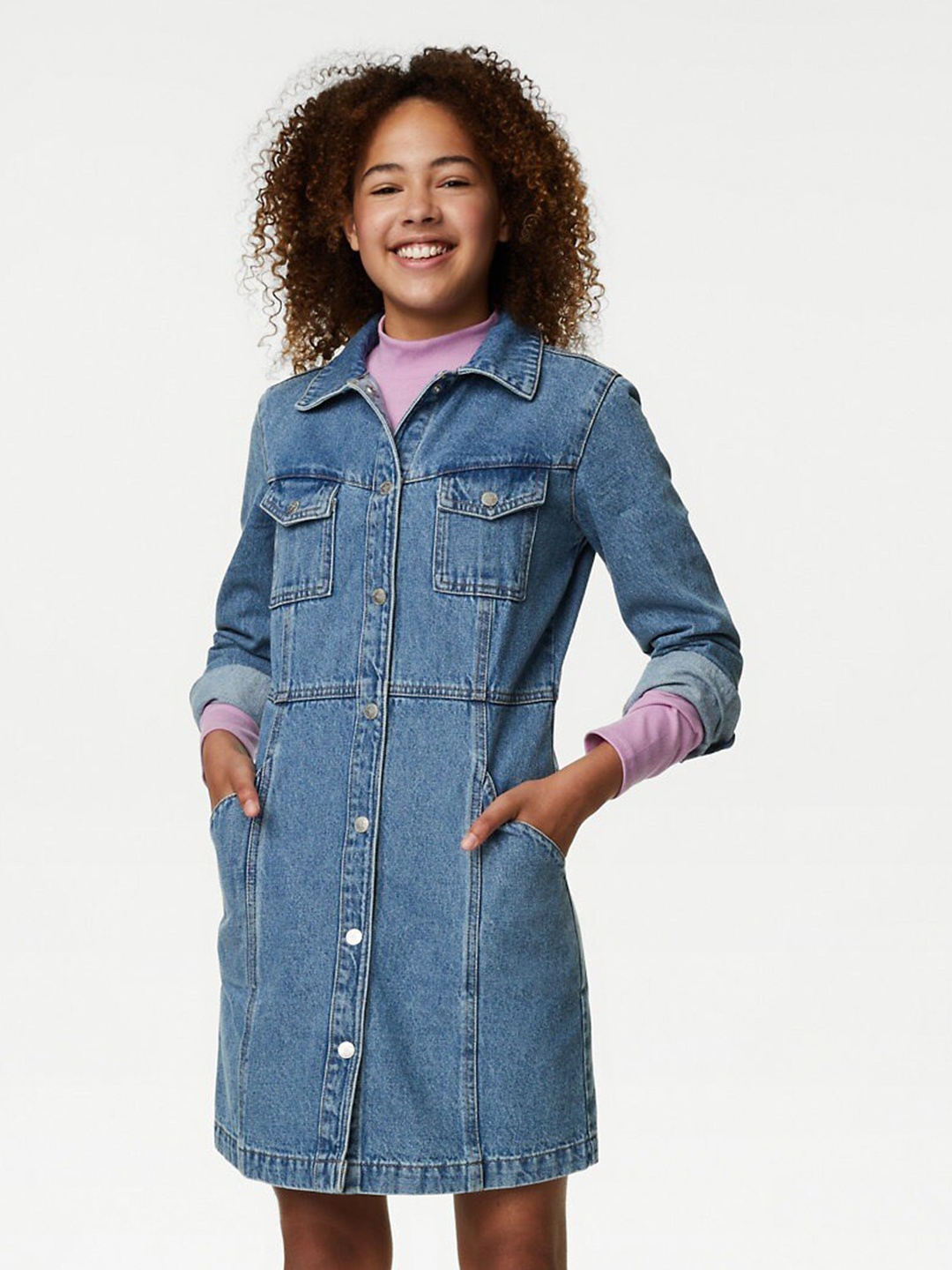 

Marks & Spencer Girls Spread Collar Long Sleeve Cotton Shirt Dress, Blue