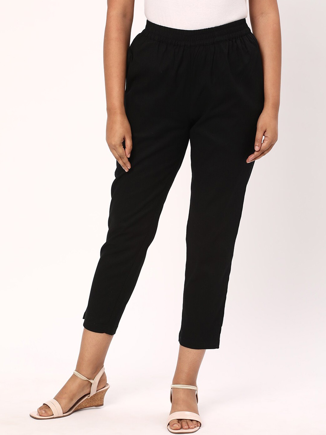 

R&B Women Slim Fit Cotton Cigarette Trousers, Black