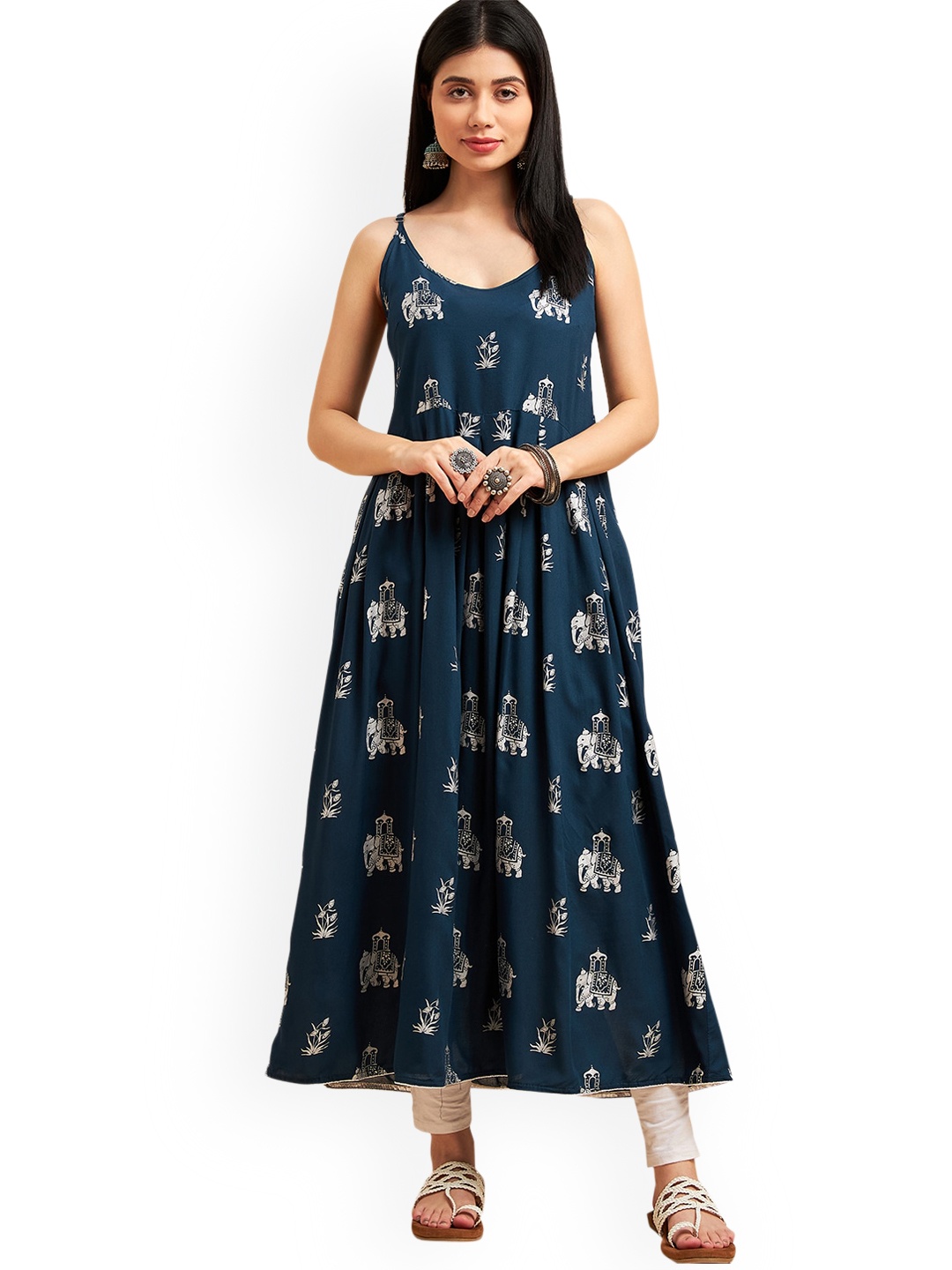 

Nimayaa Conversational Printed Shoulder Strap Anarkali Kurta, Blue