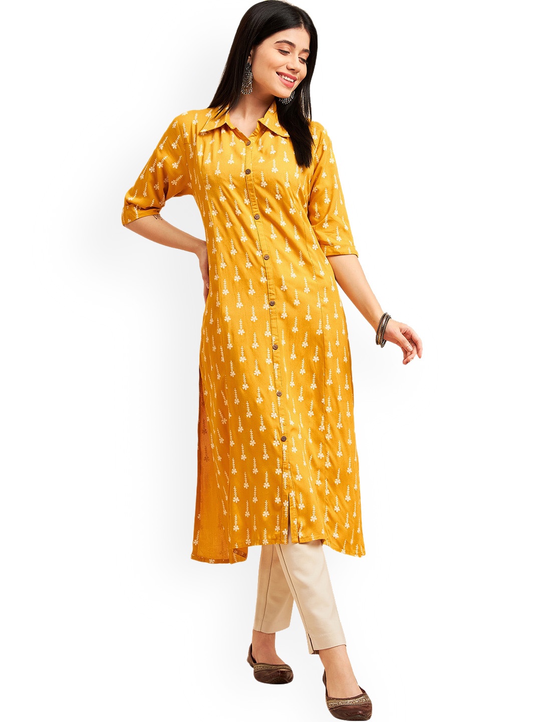 

Nimayaa Ethnic Motifs Printed Shirt Collar Straight Kurta, Yellow