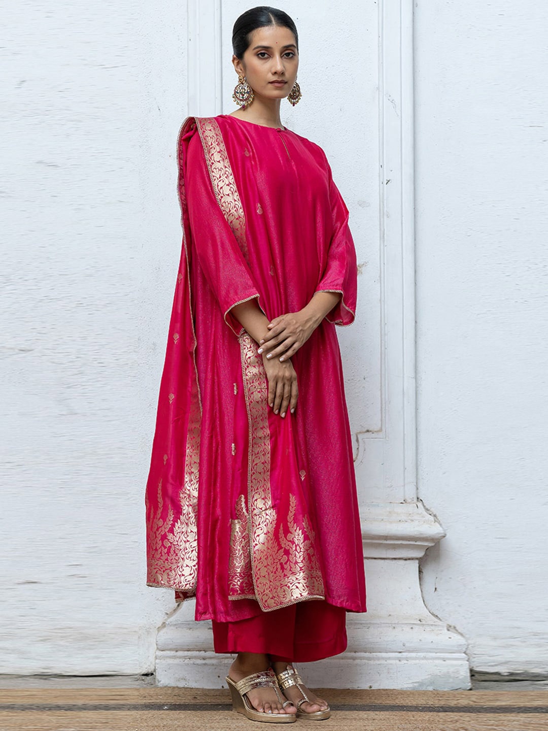 

Ganga Keyhole Neck Raw Silk A-Line Kurta With Palazzos & Dupatta, Pink