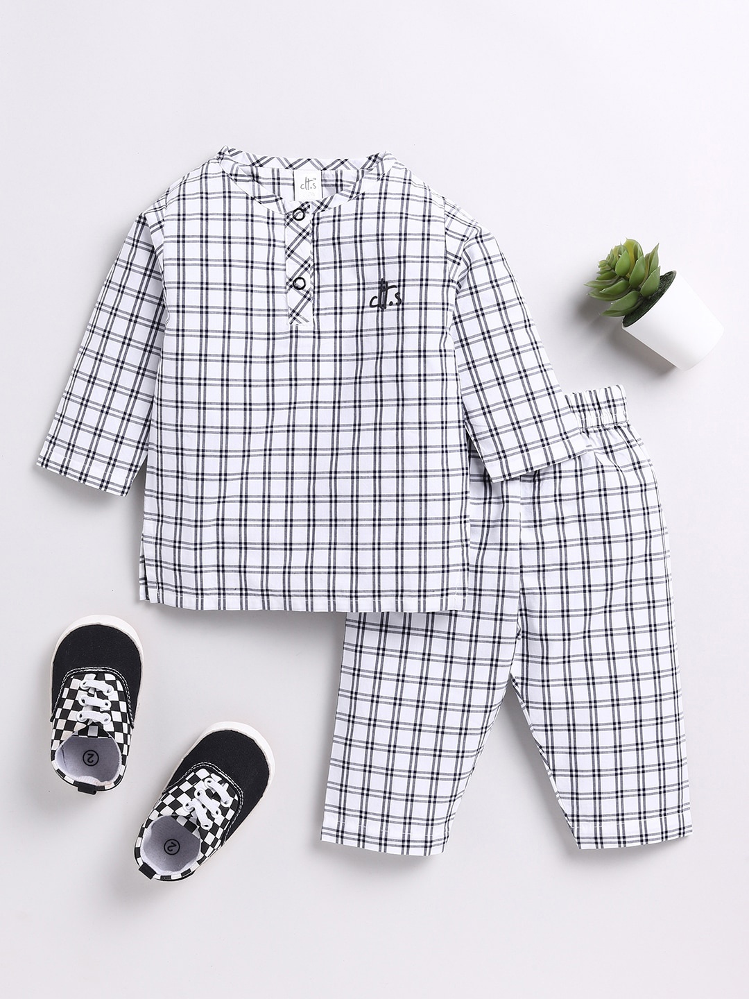 

Clt.s Unisex Kids Checked Pure Cotton T-shirt & Lounge Pants, Black