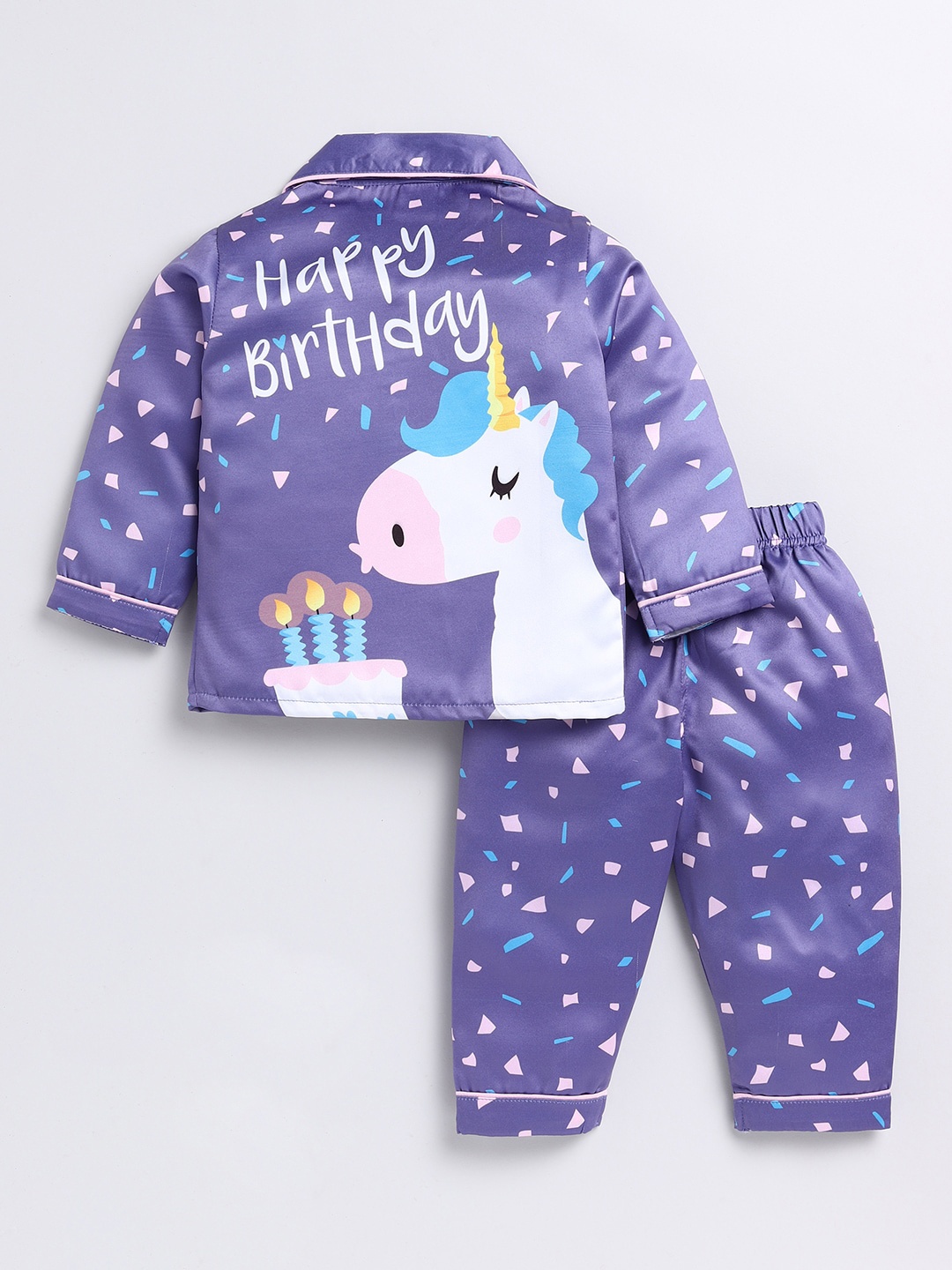 

Clt.s Kids Unicorn Printed Lapel Collar Satin Night suit, Purple