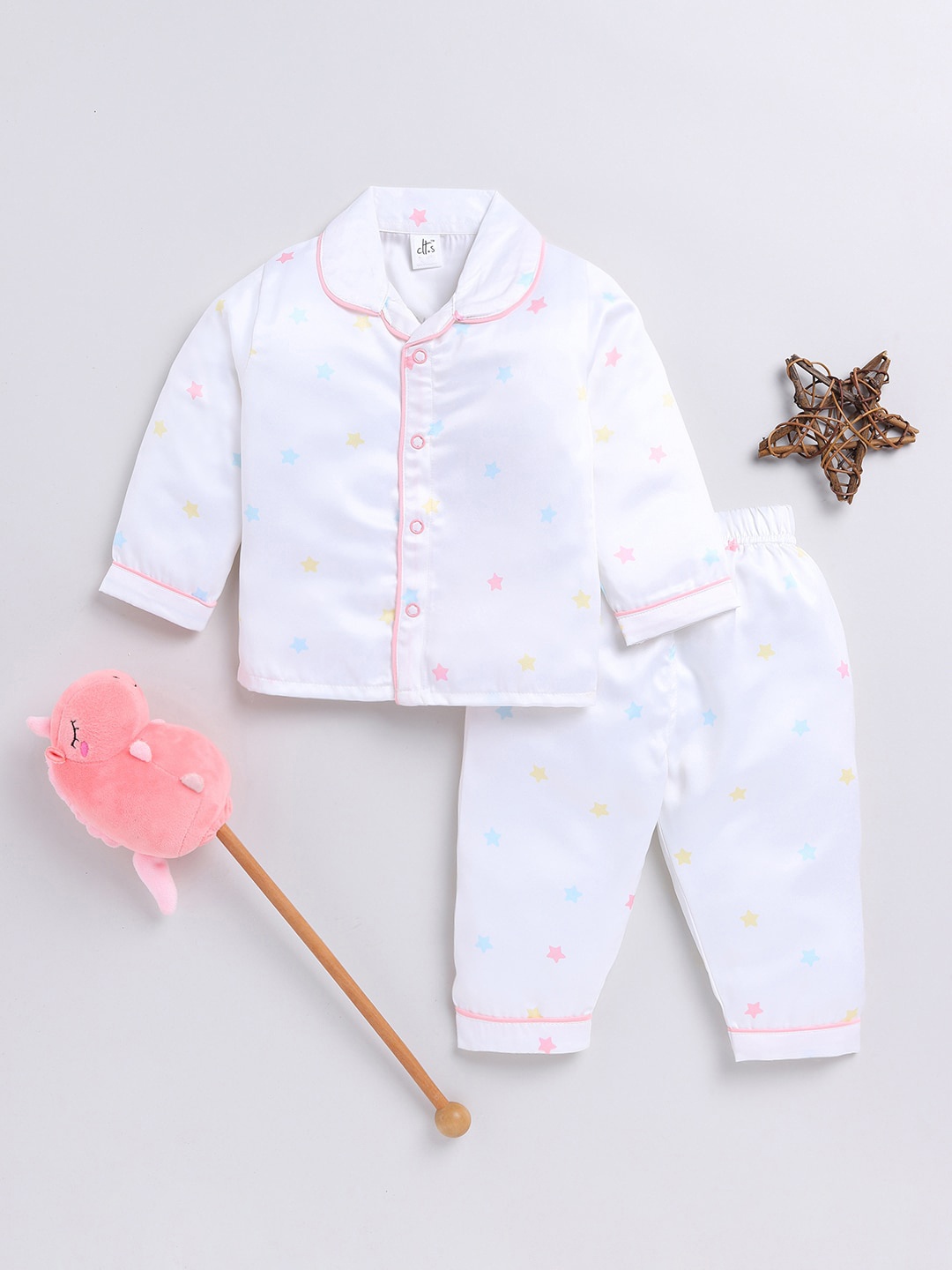 

Clt.s Unisex Kids Conversational Printed Satin Night Suit, Off white