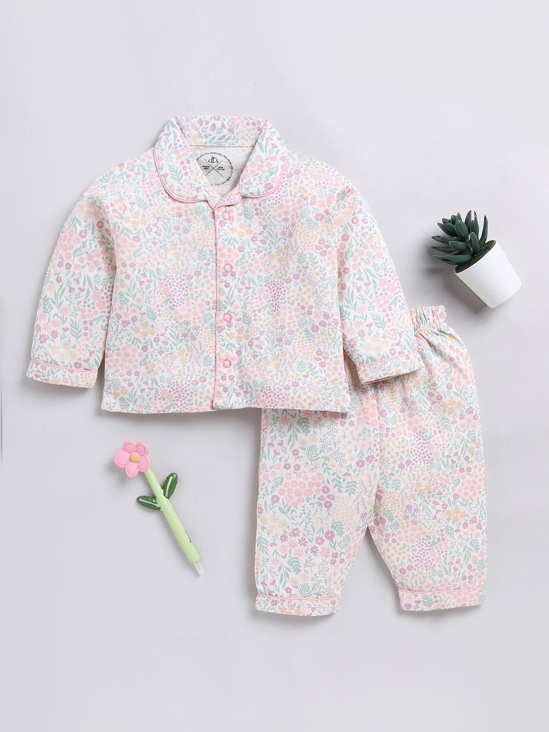 

Clt.s Kids Floral Printed Lapel Collar Shirt & Pyjamas, Pink