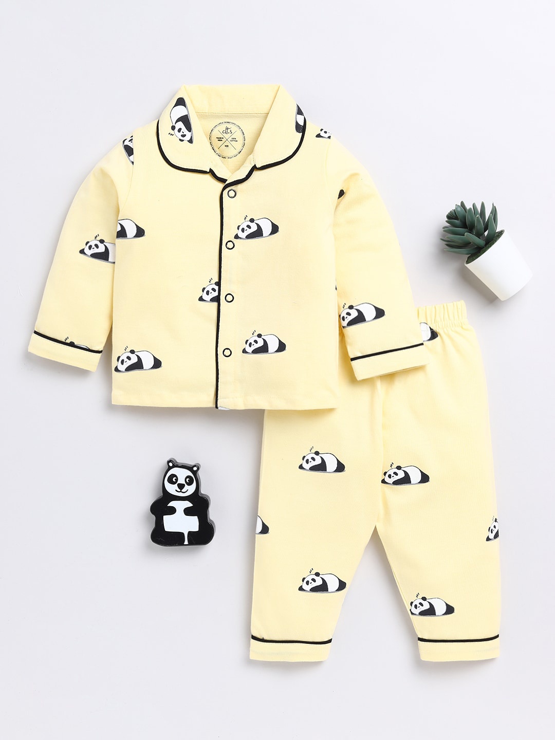 

Clt.s Infants Conversational Printed Lapel Collar Pure Cotton Night suit, Yellow