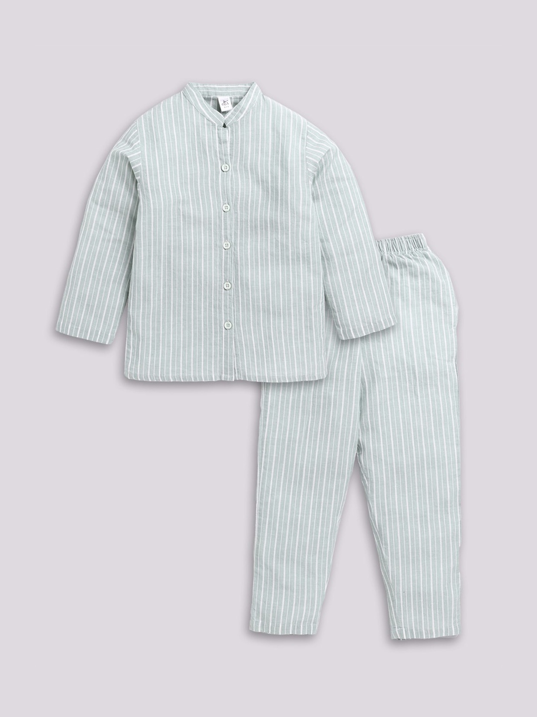 

Clt.s Unisex Kids Striped Mandarin Collar Pure Cotton Night Suit, Green