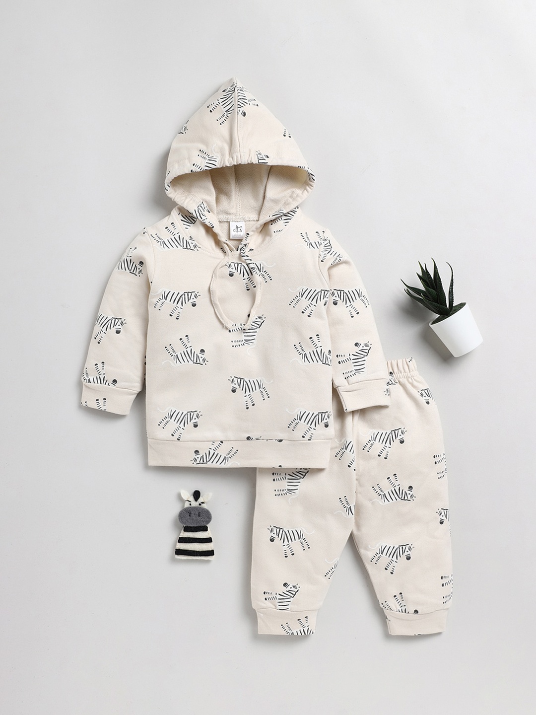 

Clt.s Infants Kids Conversational Printed Hooded Pure Cotton Night Suit, Cream