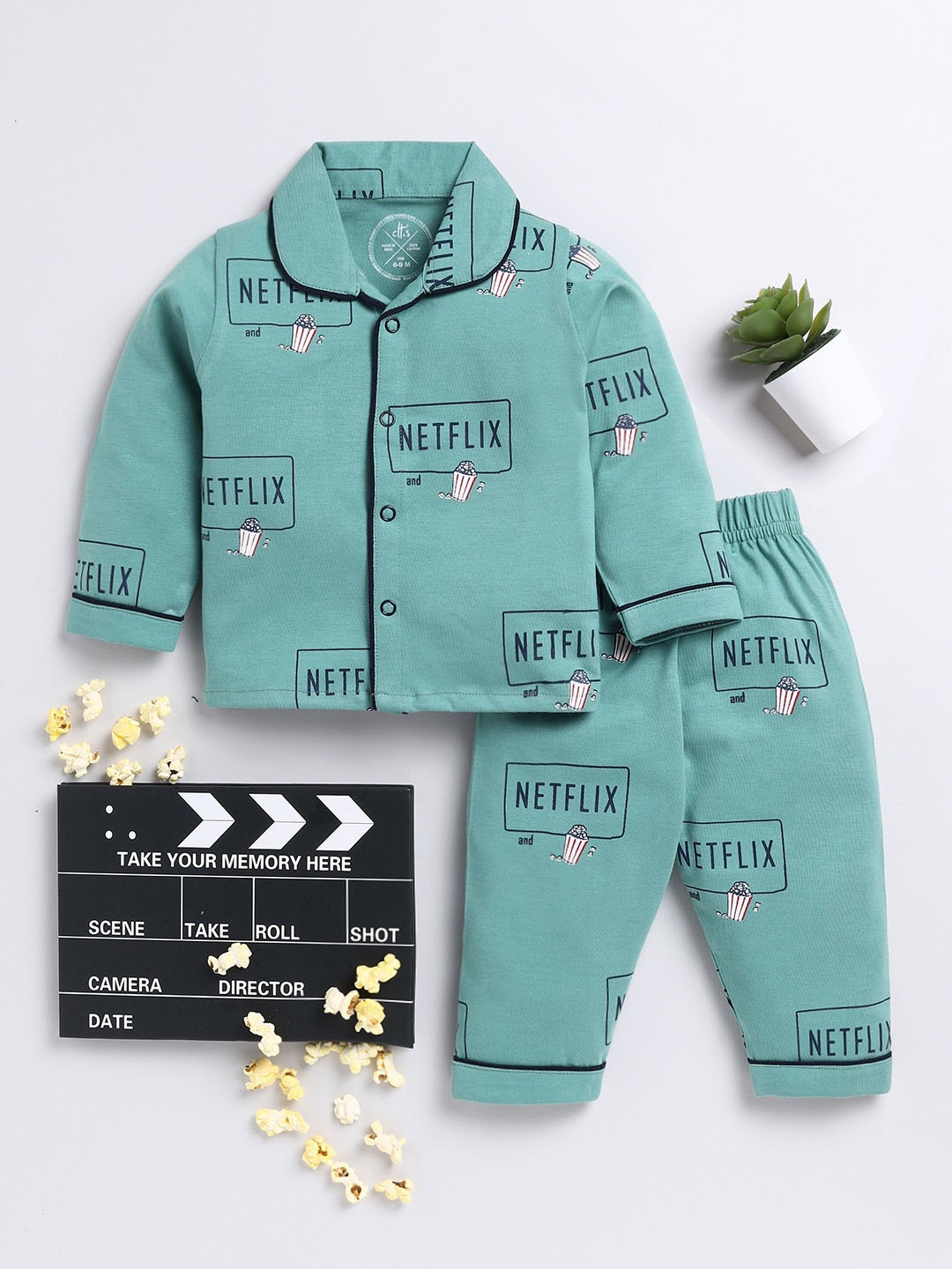 

Clt.s Unisex Kids Typography Printed Pure Cotton Night Suit, Green