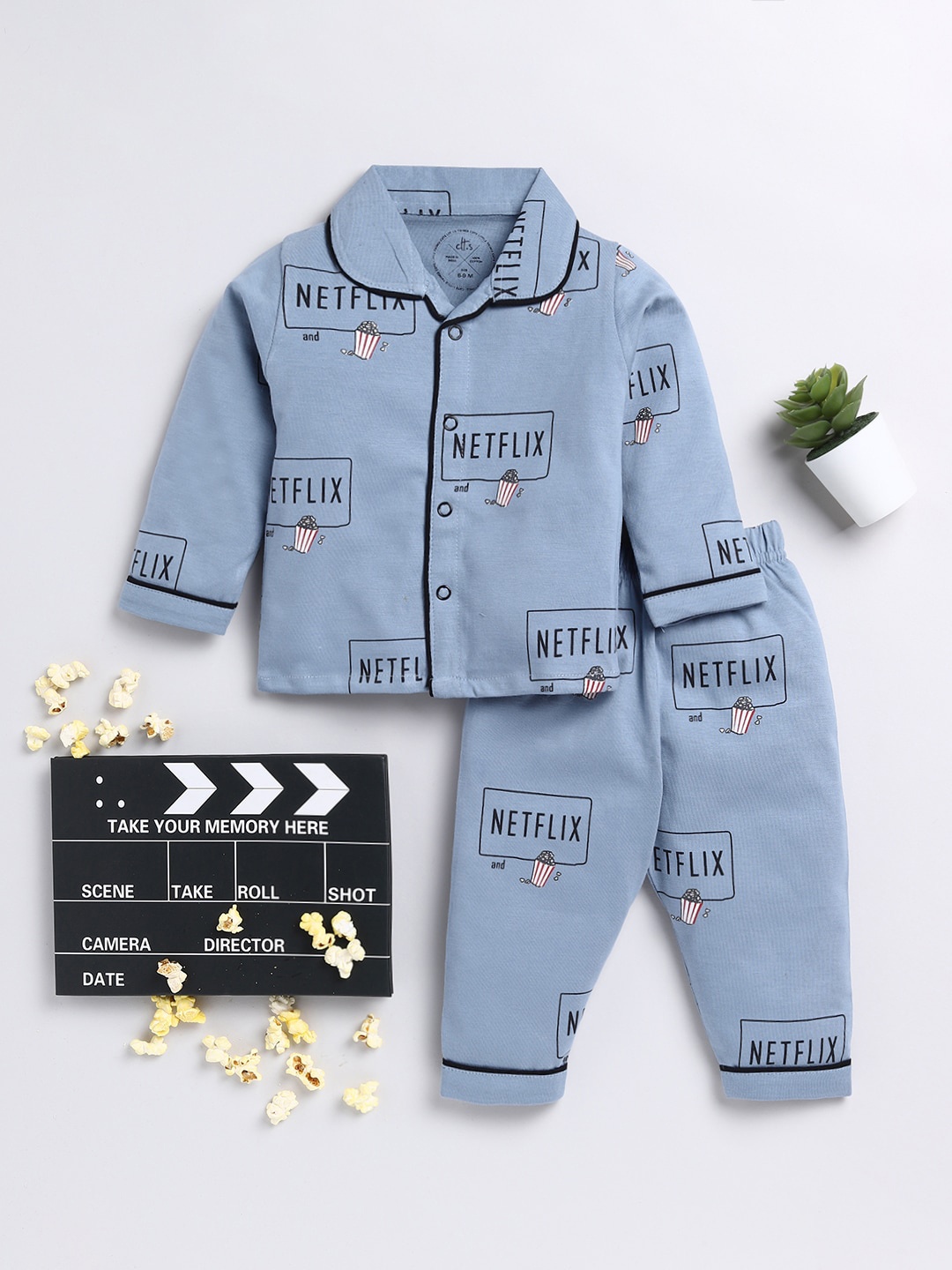 

Clt.s Infants Kids Typography Printed Pure Cotton Night Suit, Blue