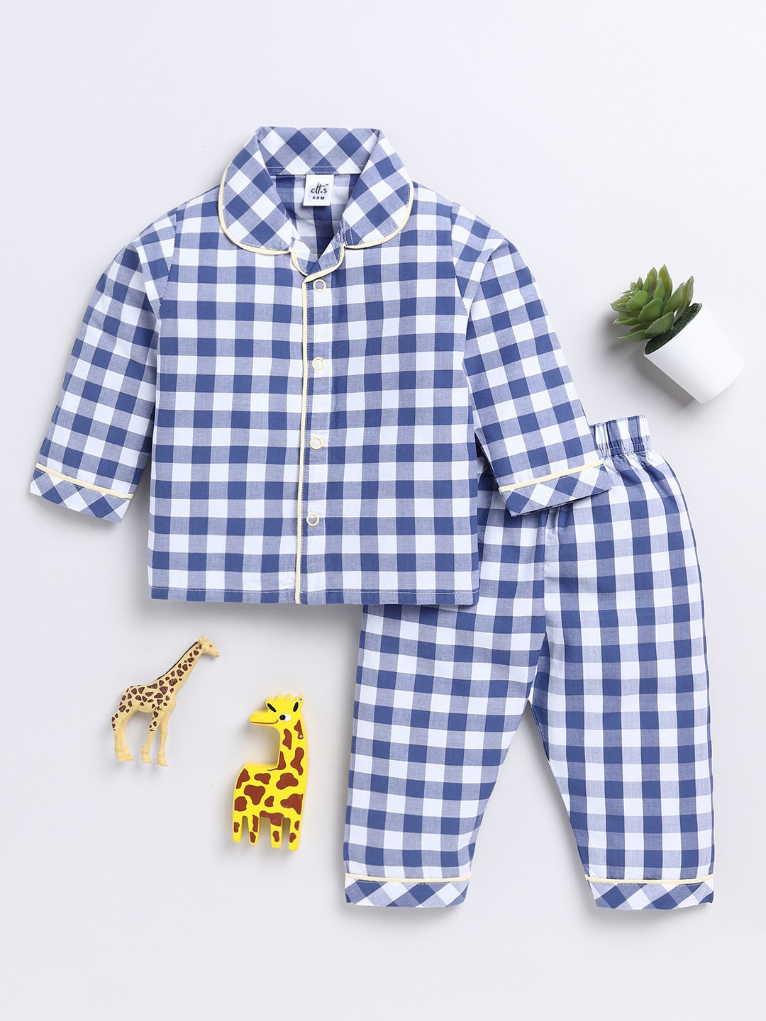 

Clt.s Infants Checked Lapel Collar Pure Cotton Night suit, Blue