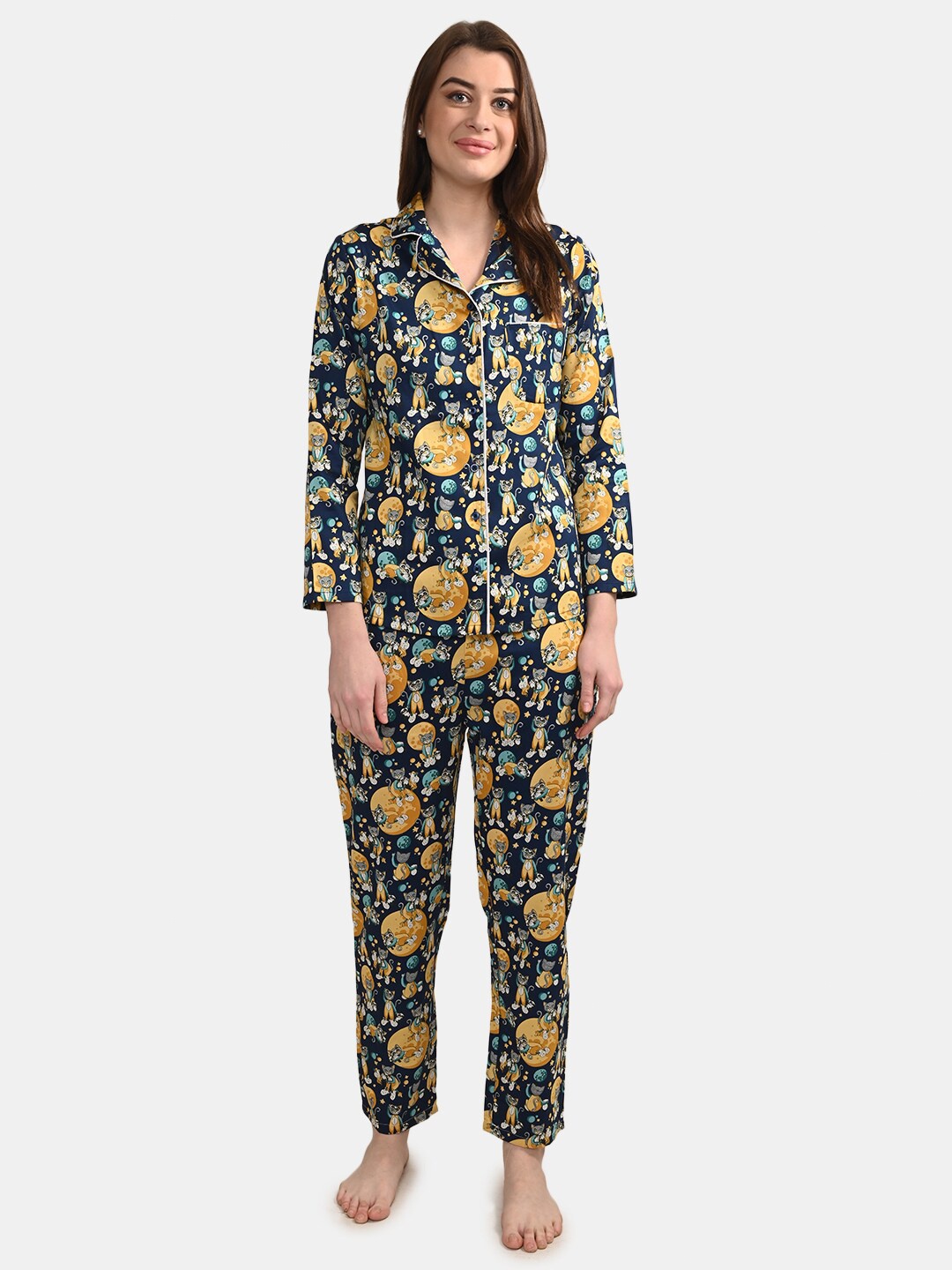 

BuckleUp Lapel Collar Conversational Printed Shirt And Pyjamas, Navy blue