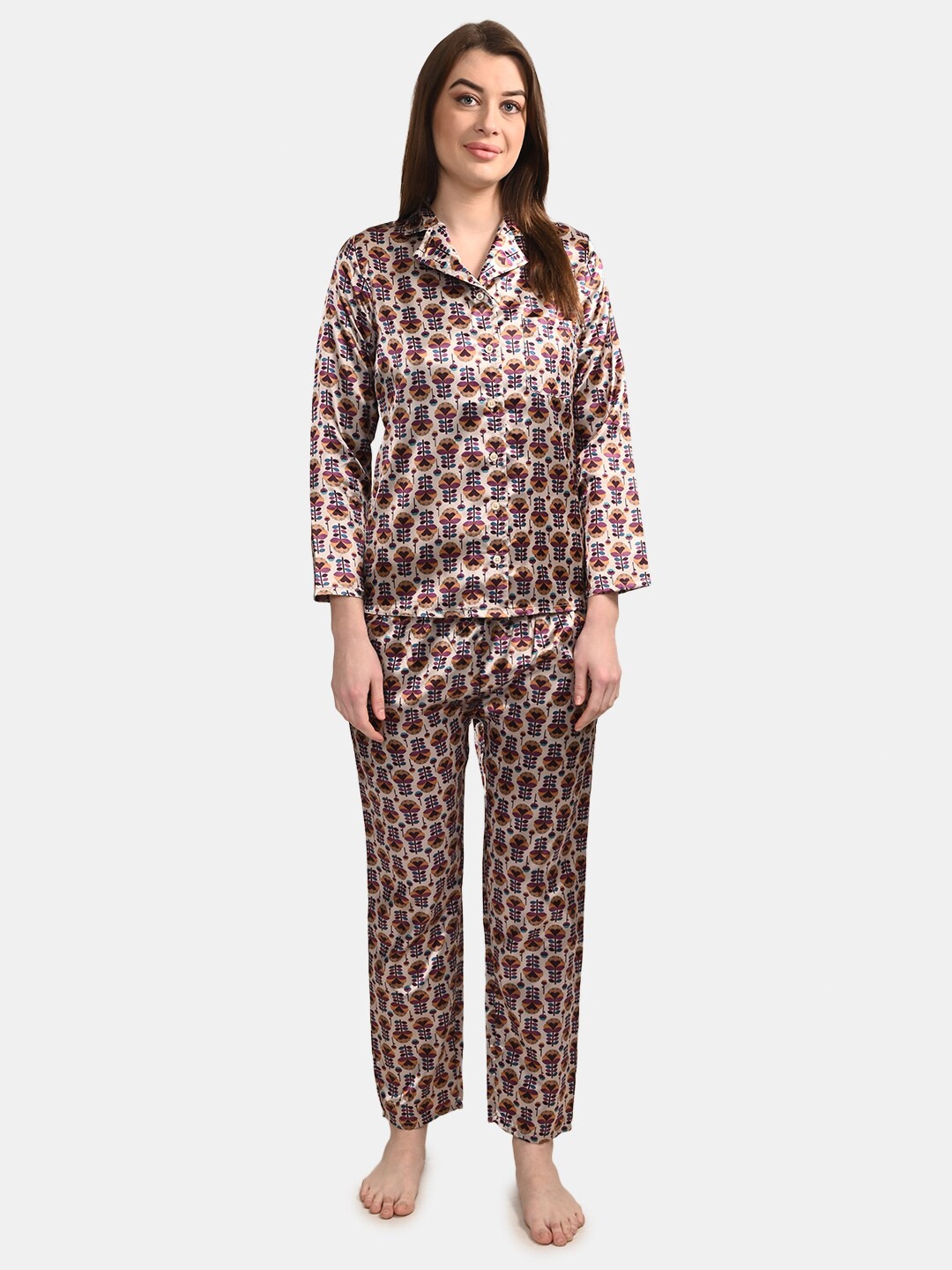 

BuckleUp Floral Printed Satin Night Suit, Beige