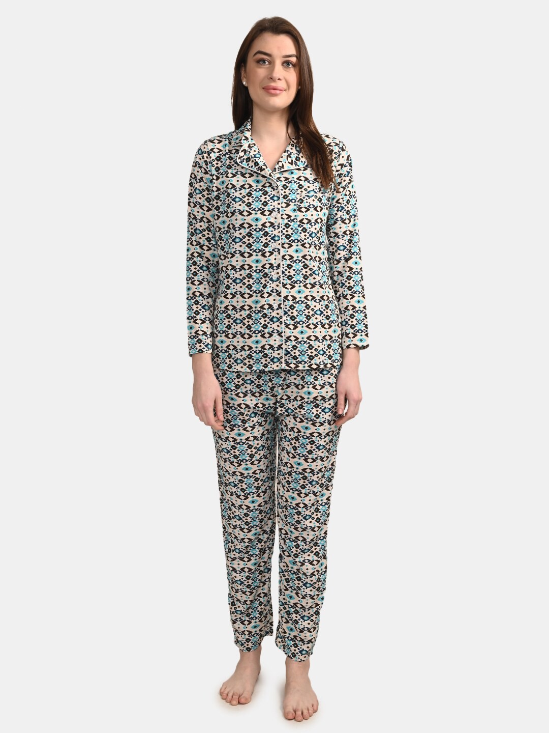 

BuckleUp Abstract Printed Lapel Collar Shirt With Pyjamas, Beige