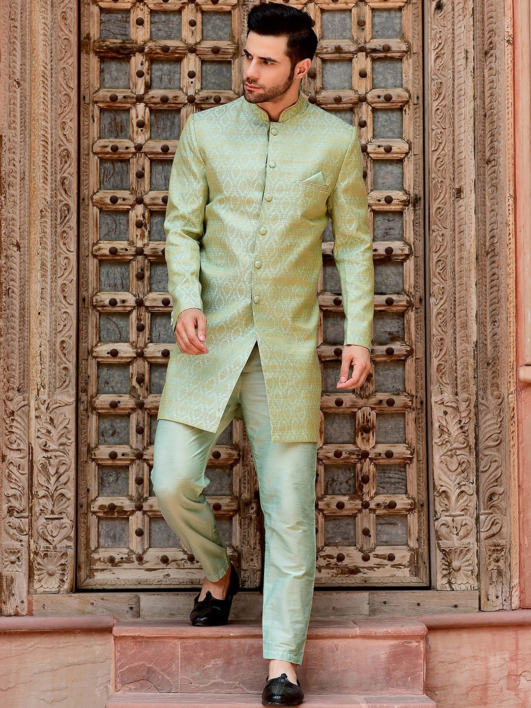 

HOUSE OF DEYANN Ethnic Motifs Woven Design Sherwani Set, Green