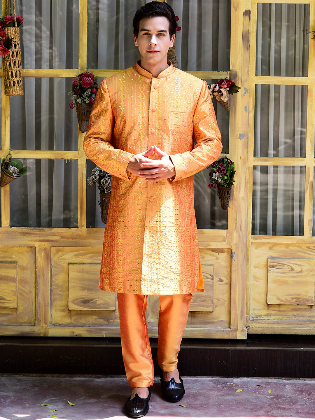 

HOUSE OF DEYANN Ethnic Motifs Embroidered Mirror Work Sherwani Set, Yellow