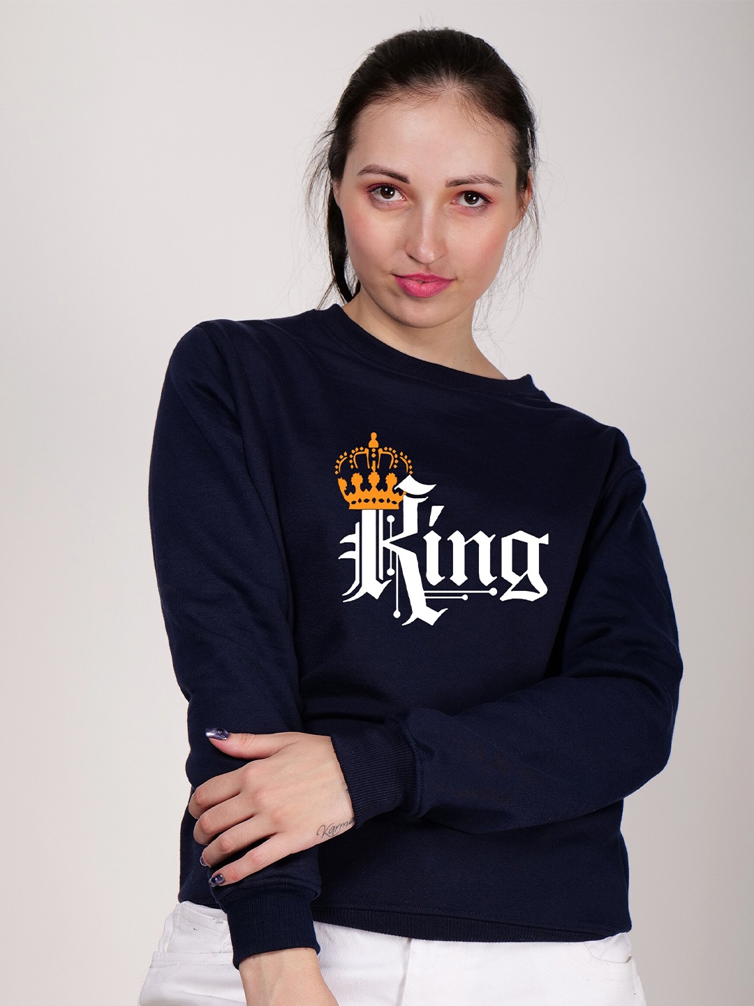 

Fashion And Youth Typography Printed Round Neck Fleece Pullover Sweatshirt, Navy blue