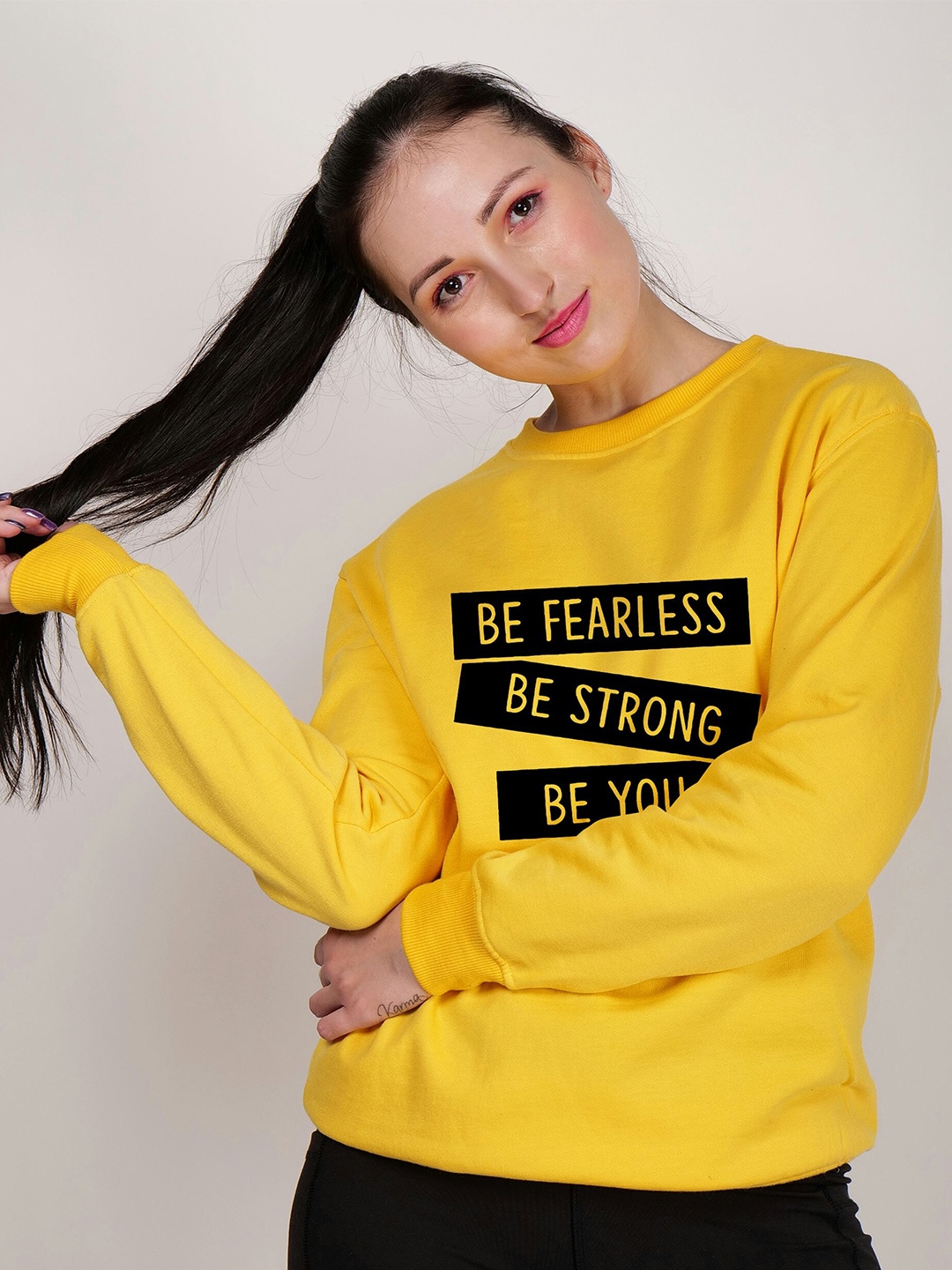 

Fashion And Youth Typography Printed Fleece Pullover, Yellow