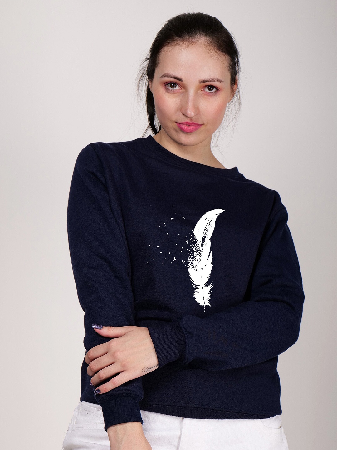 

Fashion And Youth Round Neck Graphic Printed Pullover Fleece Sweatshirt, Navy blue