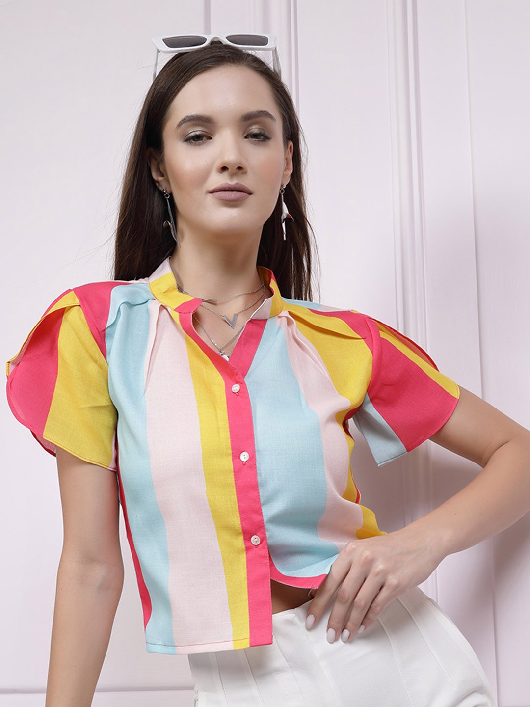 

Athena Immutable Pink Striped Linen Shirt Style Top