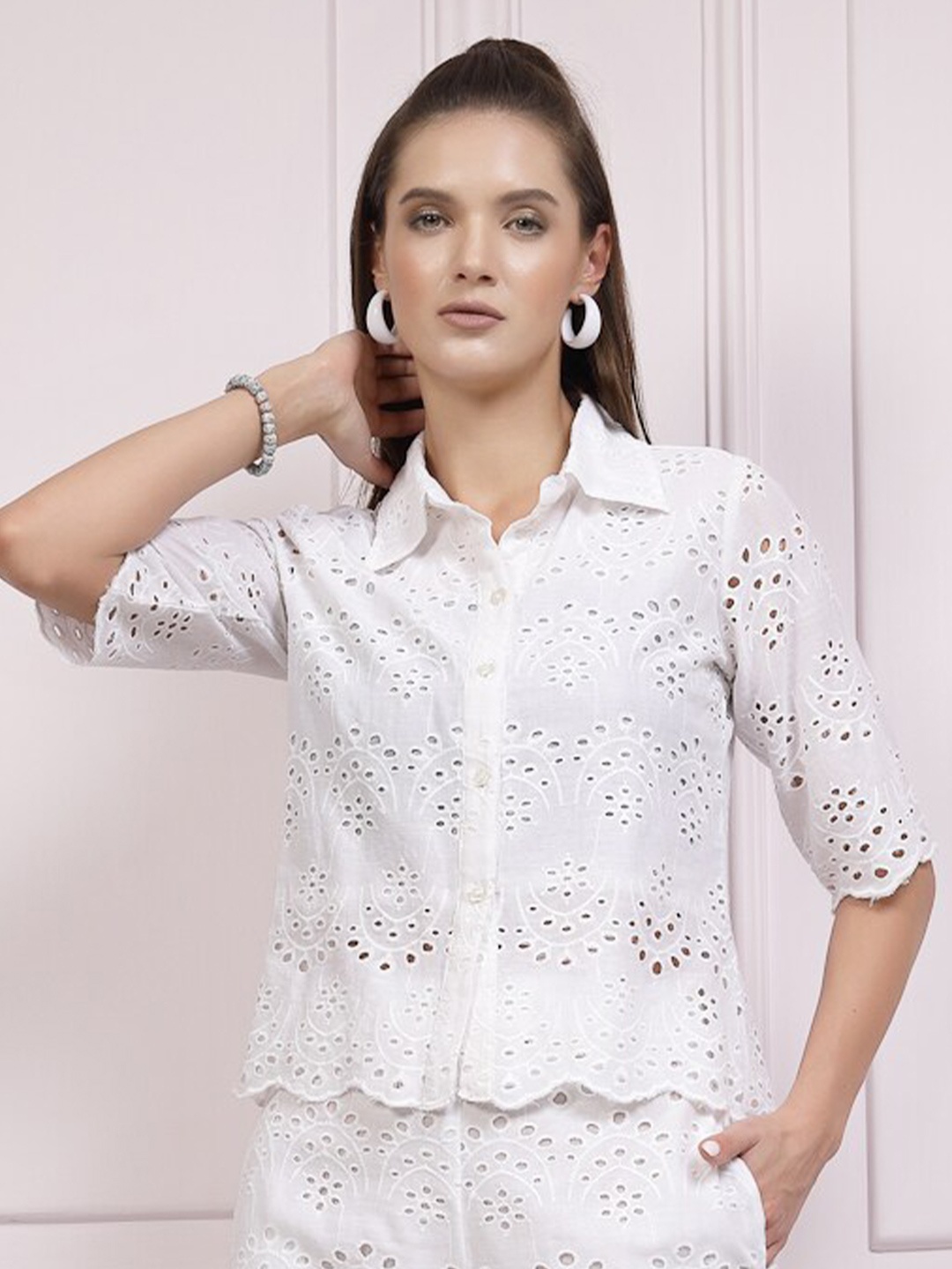 

Athena Self Design Shirt Collar Schiffli Cotton Shirt Style Top, White