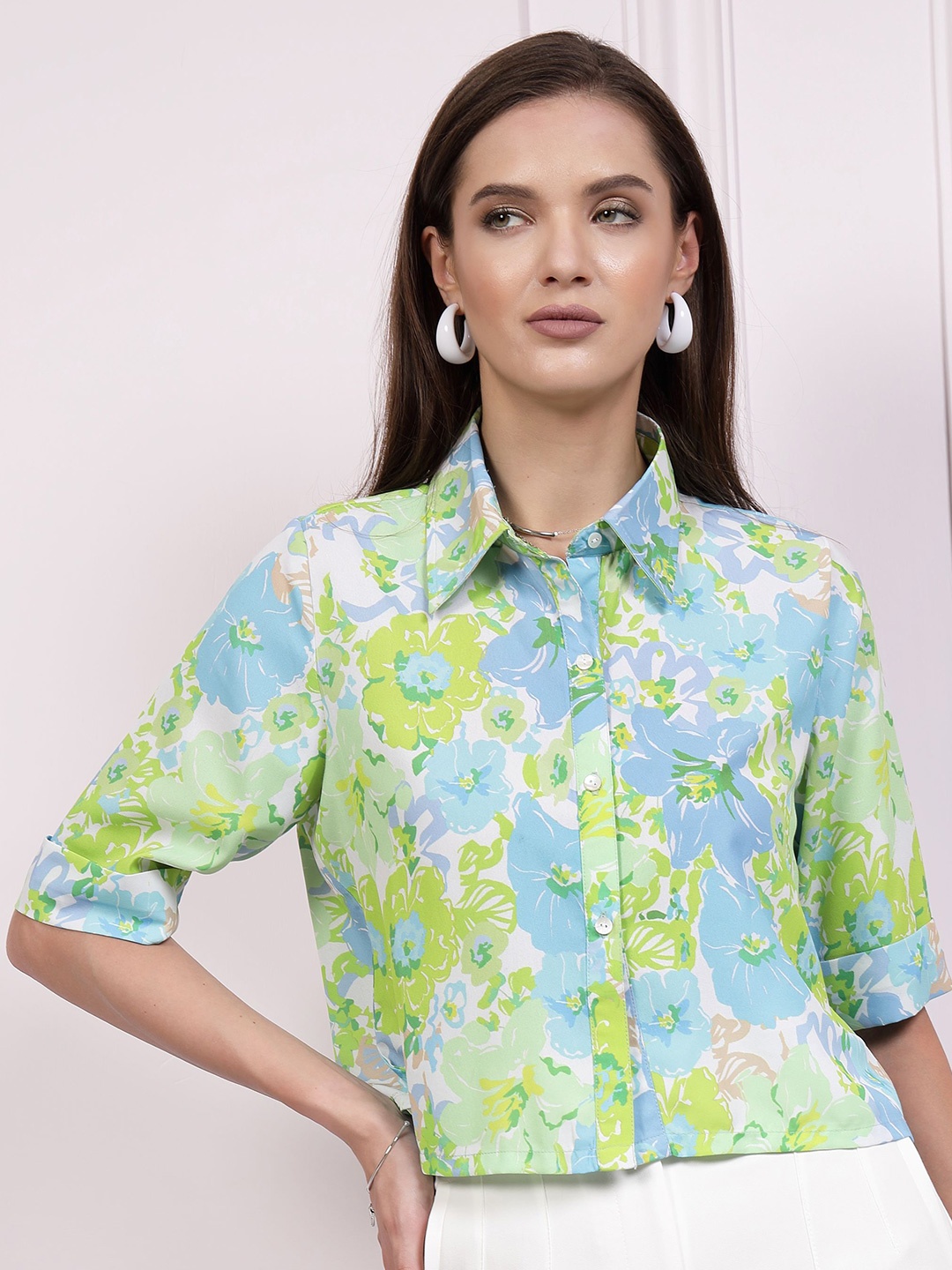 

Athena Immutable Blue Floral Printed Shirt Style Top