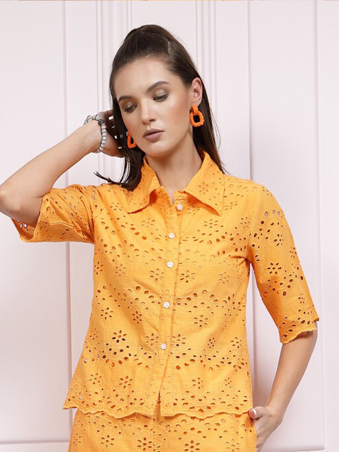 

Athena Schiffli Cotton Shirt Style Top, Mustard