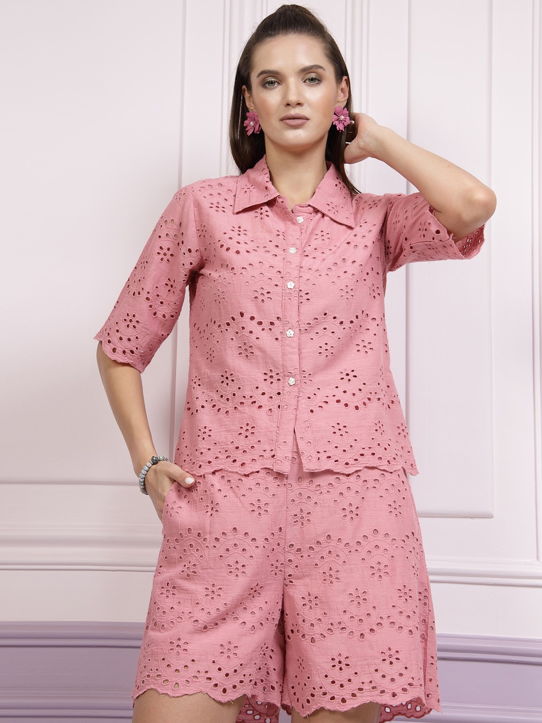 

Athena Shiffli Pure Cotton Shirt With Shorts, Pink