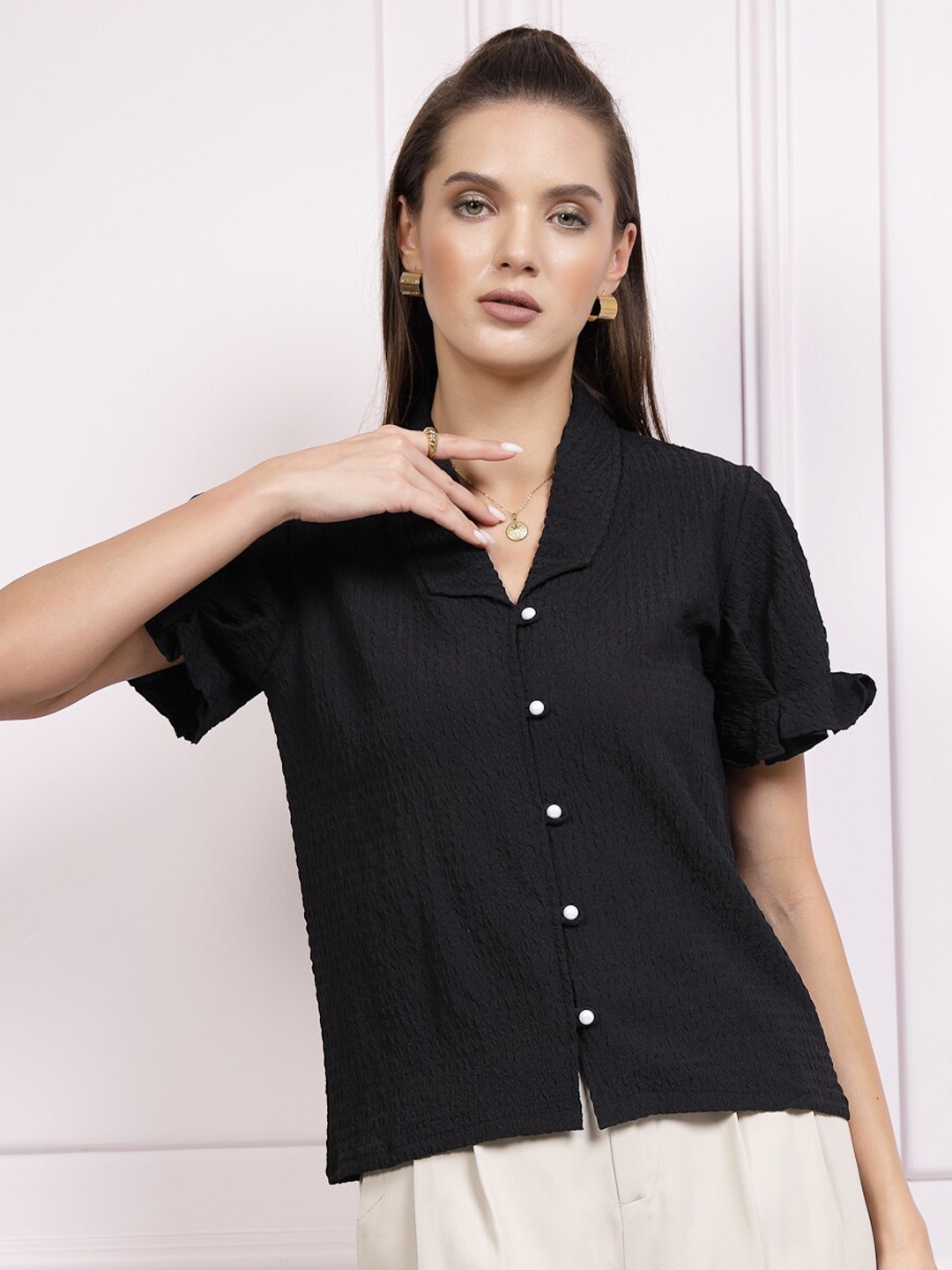 

Athena Immutable Black Self Design Shirt Style Top