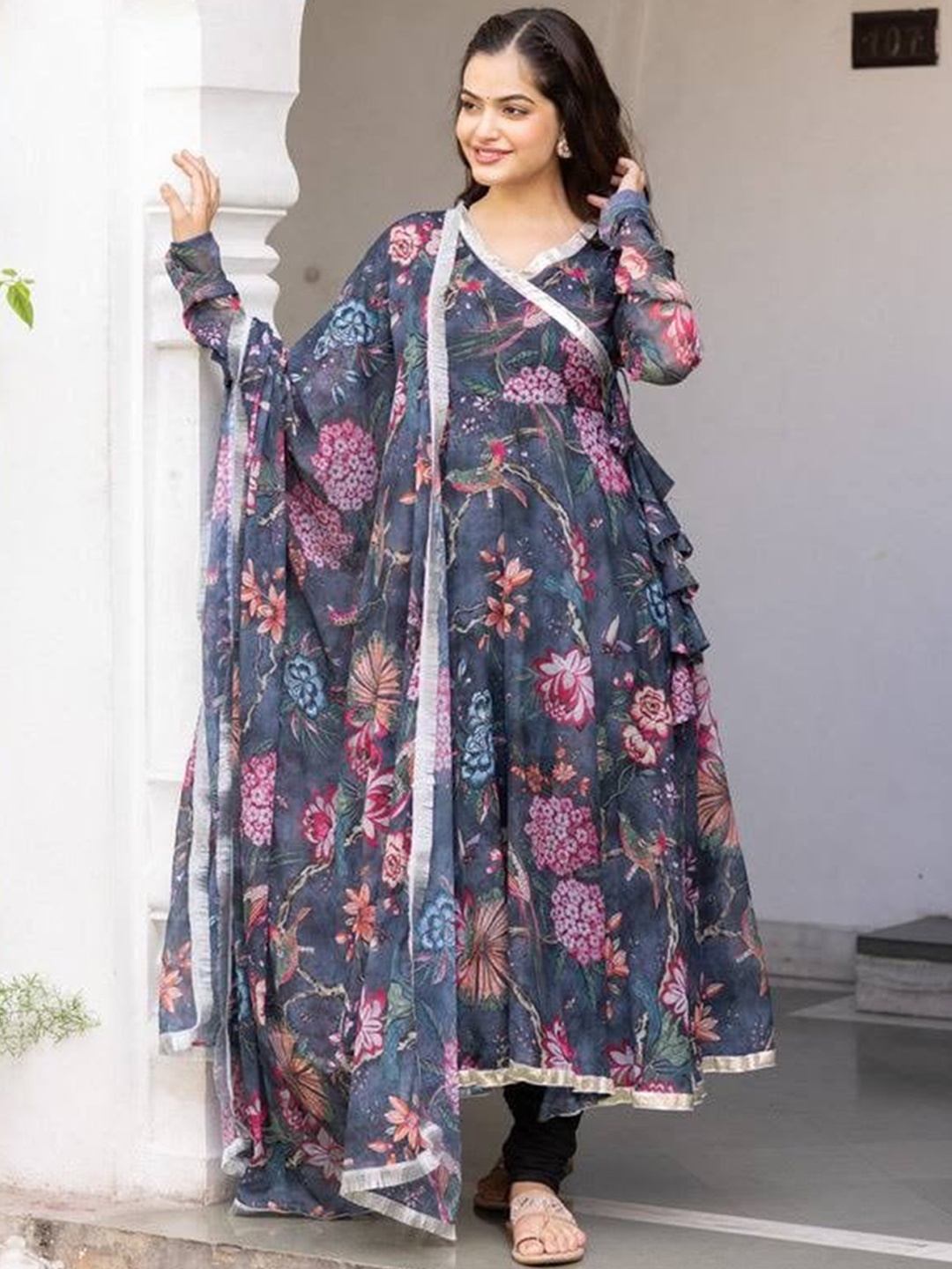 

KALINI Floral Printed Georgette Anarkali Kurta with Dupatta, Grey