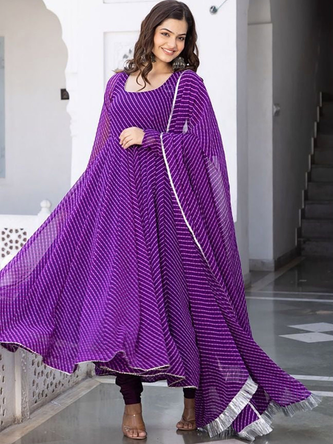 

KALINI Leheriya Printed Georgette Anarkali Kurta With Dupatta, Purple