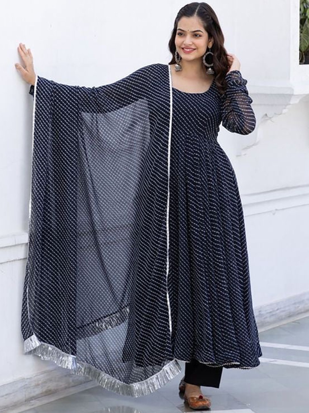 

KALINI Leheriya Printed Gotta Patti Georgette Anarkali Kurta With Dupatta, Navy blue