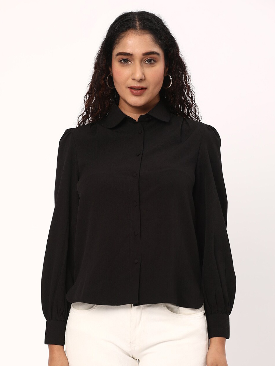 

R&B Cuffed Sleeves Shirt Style Top, Black