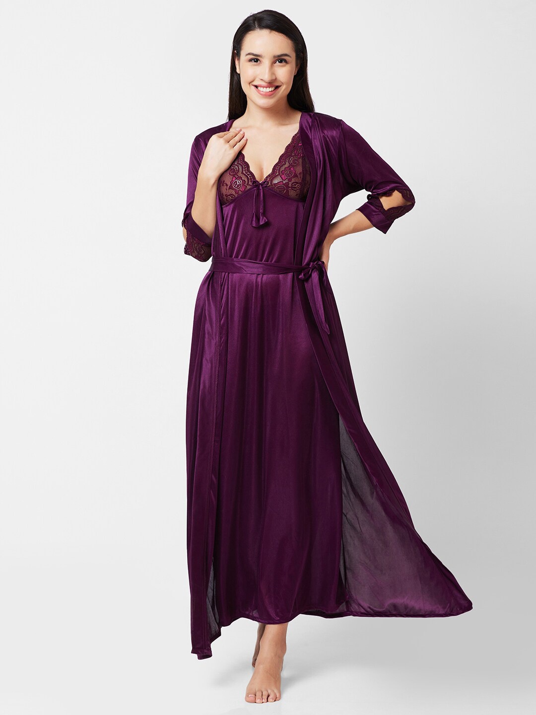 

NOIRA Lace Satin Maxi Nightdress With Robe, Purple