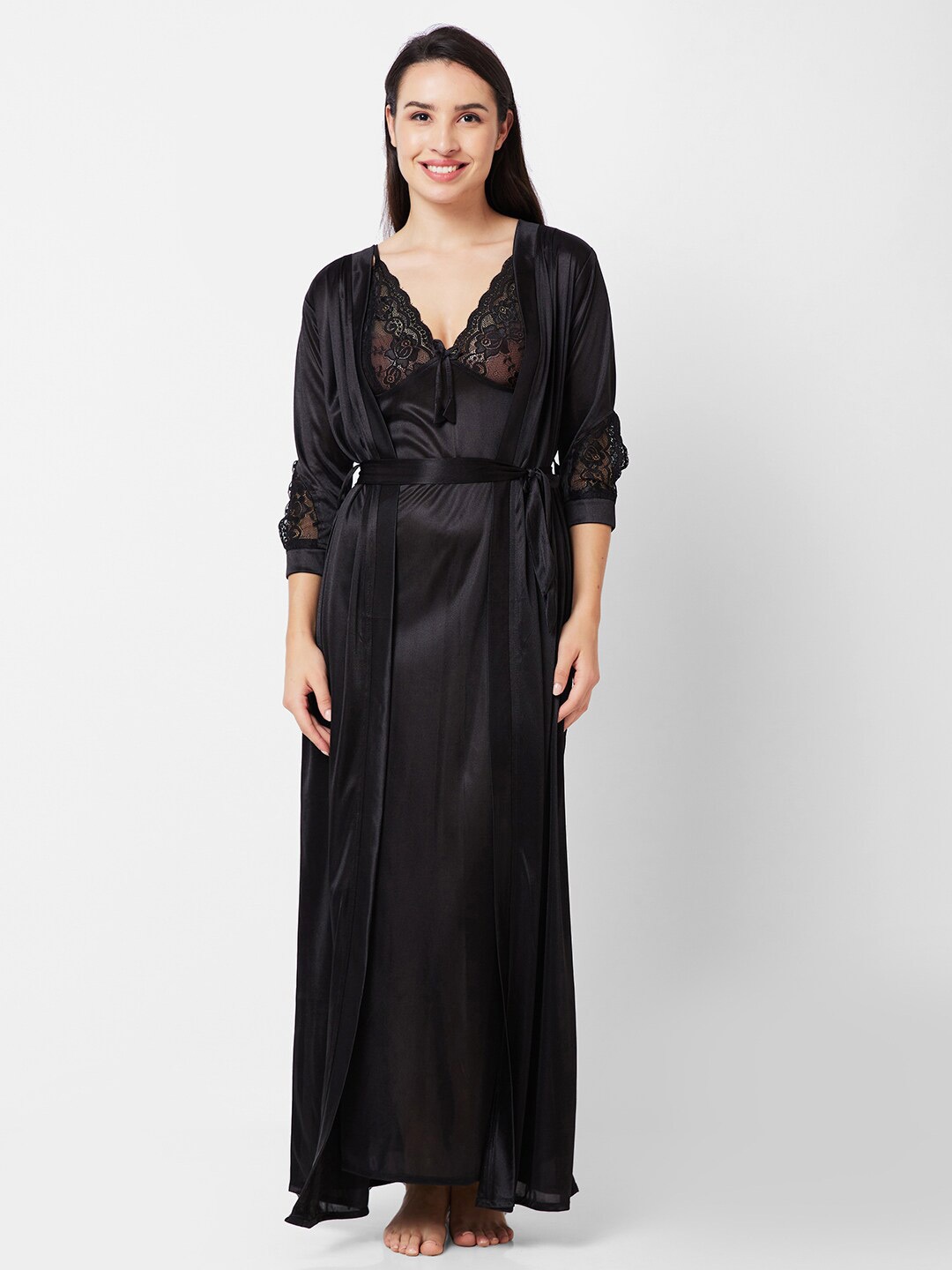 

NOIRA Lace Satin Maxi Nightdress With Robe, Black
