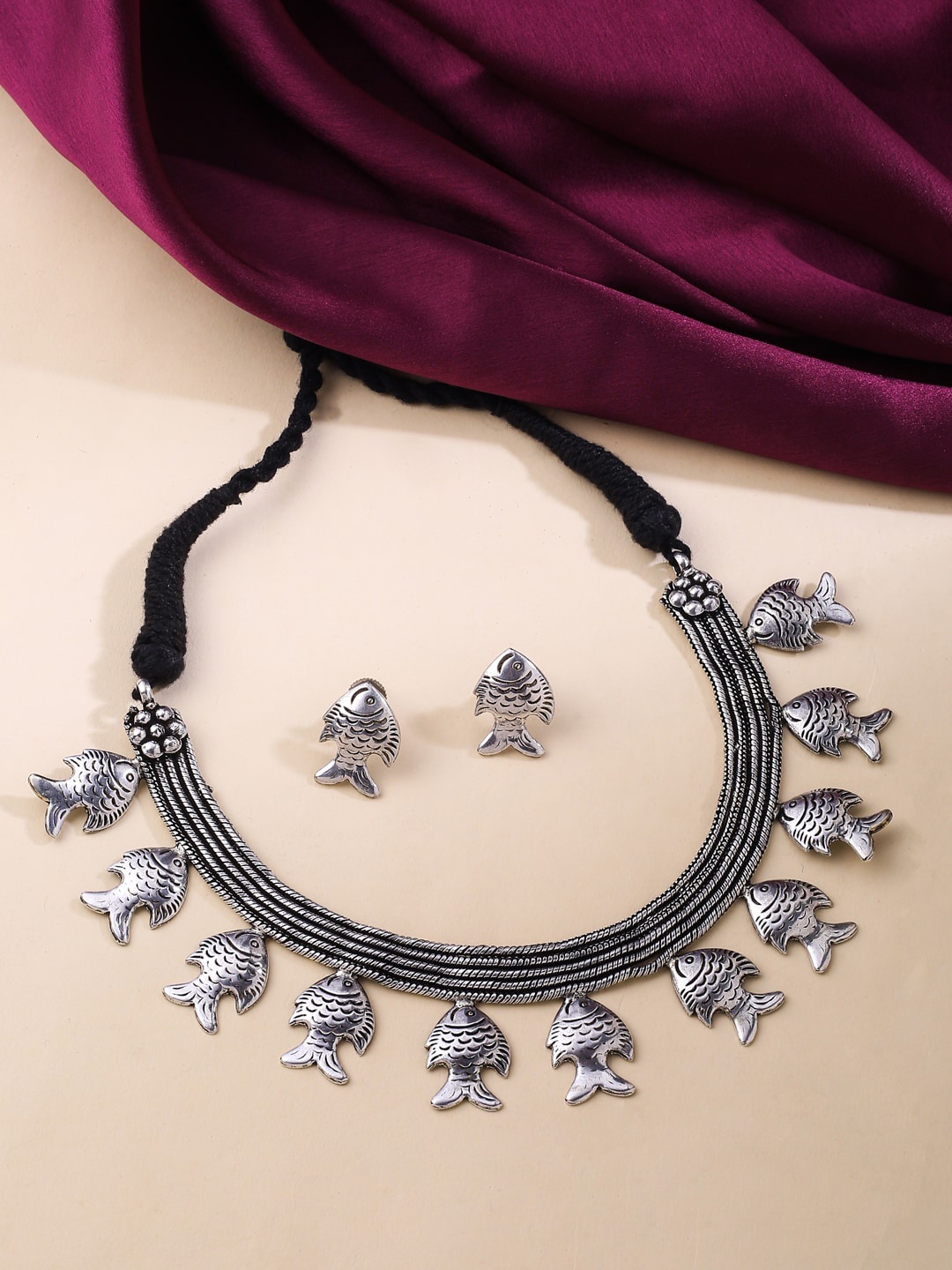 

VIRAASI Silver-Plated Oxidised Fish Design Necklace With Earrings