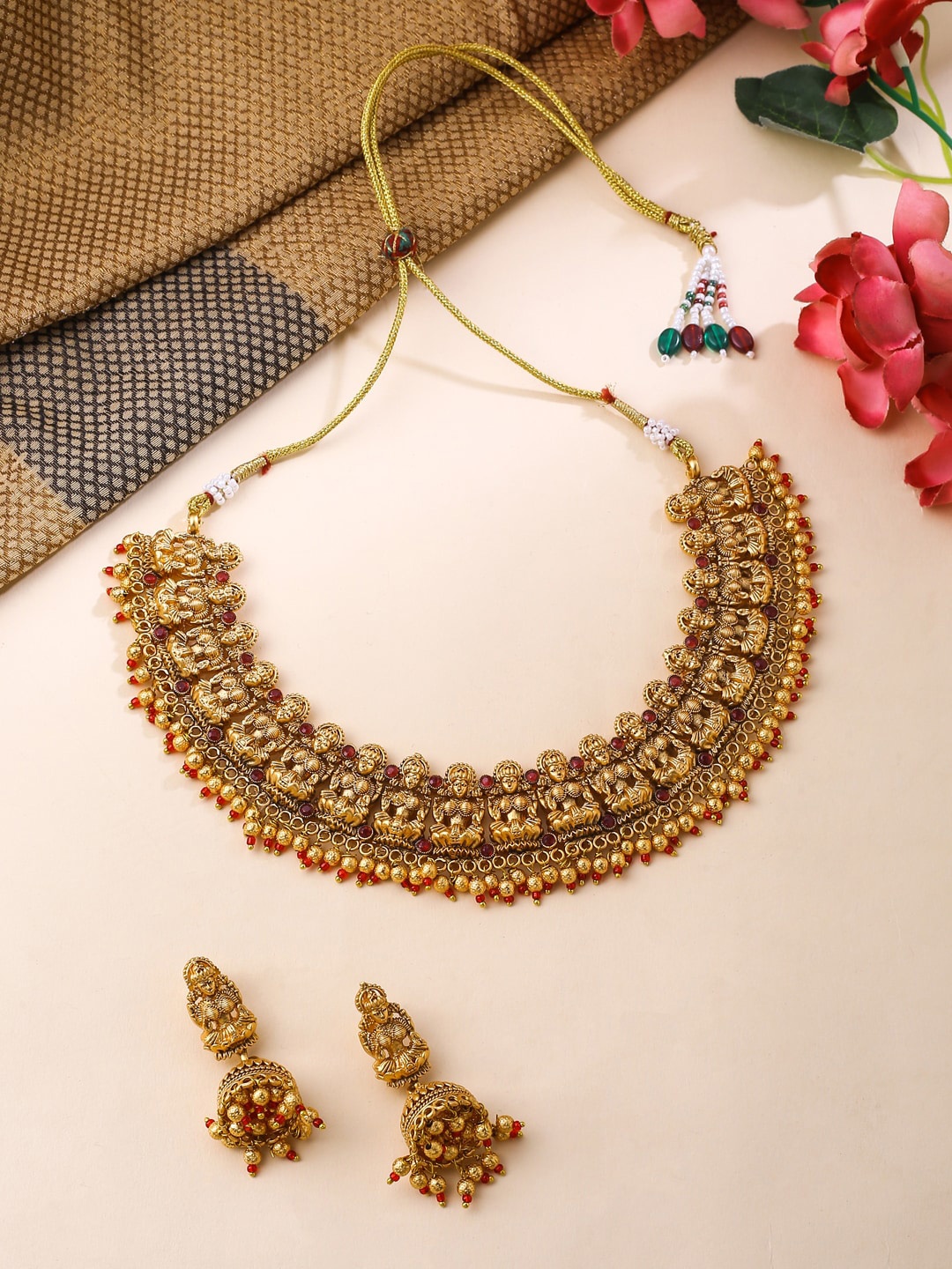 

VIRAASI Gold-Plated Stones Studded Beads Beaded Temple Necklace With Earrings